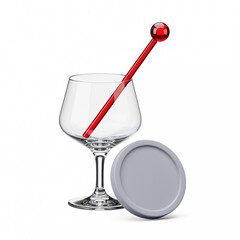 Empty wine glass with lid and stirrer on white background