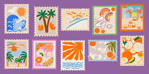 Collection of Illustrated Summer Themed Postage Stamps Featuring Beaches Palm Trees Sunsets and Citrus Fruits on a Solid Purple Background collection ten
