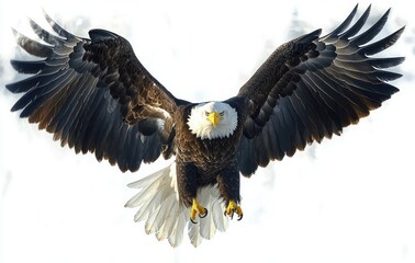 Fototapeta premium Majestic bald eagle soaring with wings fully spread and intense gaze against a bright sky