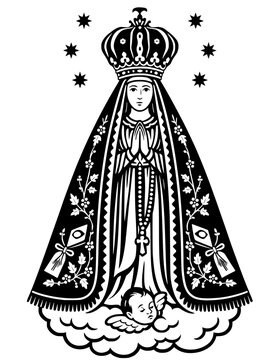 A black  vector illustration of Our Lady of Aparecida, a revered figure, depicted with a crown, elaborate cloak, and rosary, with stars and a cherub. 