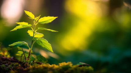 Obraz premium Bright young plant growing in a lush forest environment, illuminated by warm sunlight in a serene and tranquil setting