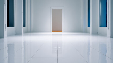 Fototapeta premium Bright, spacious hallway with high ceilings and reflective white tiles, leading to an open doorway. The minimalistic design conveys a clean, modern aesthetic and depth.