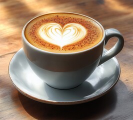 Fototapeta premium Close-up of a white ceramic cup filled with cappuccino coffee featuring a heart-shaped latte art on wooden table with natural warm light