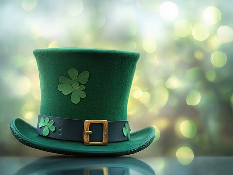 Green felt tall hat decorated with clover leaves and a black band with buckle on a reflective surface with blurred bokeh background