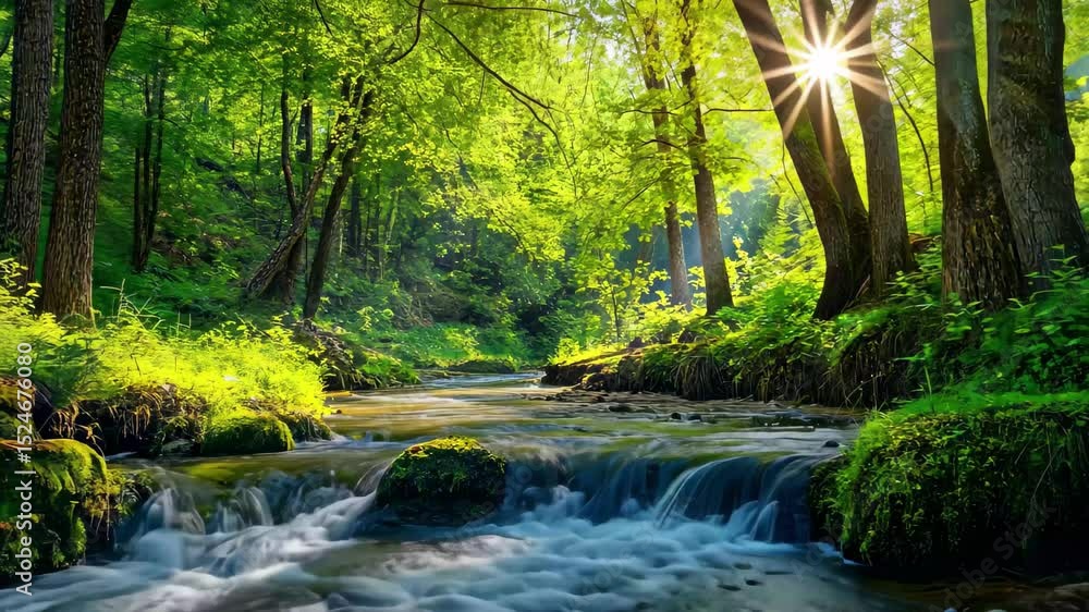 Poster sunlight filters through trees over a serene forest stream in the morning, beautiful forest is a str
