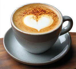 Obraz premium Close-up of a ceramic cup filled with cappuccino featuring heart-shaped latte art and sprinkled cinnamon on top, placed on a matching saucer on a wooden surface