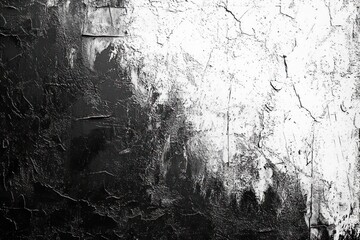Abstract black and white textured surface with rough, cracked paint and uneven areas blending dark and light tones creating a dramatic and aged appearance