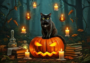 Mystical Black Cat on Jack-O'-Lantern with Floating Candles in Enchanted Forest for Halloween