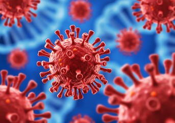 Realistic 3D Rendering of Red Coronavirus (COVID-19) Particles on Blue Background