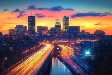 Obraz premium Vibrant city skyline at sunset with illuminated skyscrapers and glowing highway light trails reflecting in a river below, creating a dynamic urban atmosphere