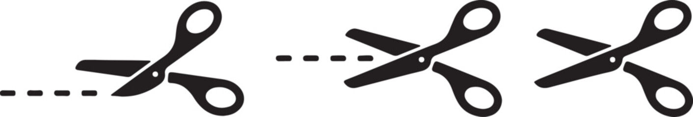 scissors, cut, cutting, dotted line, line, black, icon, vector, illustration, graphic, design element, paper, tool, sharp, blade, shears, open, closed, isolated, symbol, clip art, outline, art, shape,