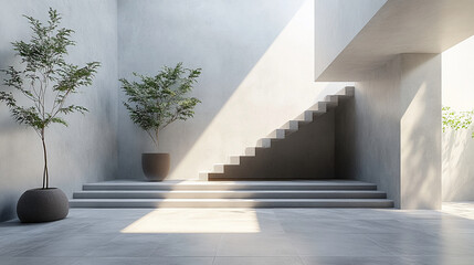 A tranquil indoor courtyard where sunlight dances on concrete steps beside potted trees creating a peaceful sanctuary