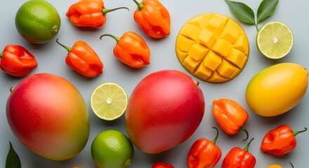 Arrangement of mangoes limes and habanero peppers on a light gray surface top view