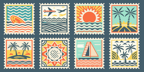 Collection of Eight Colorful Retro Style Postage Stamps Featuring Tropical Beach Scenes Airplanes Sailboats and Sunsets in a Graphic Design stylized postage