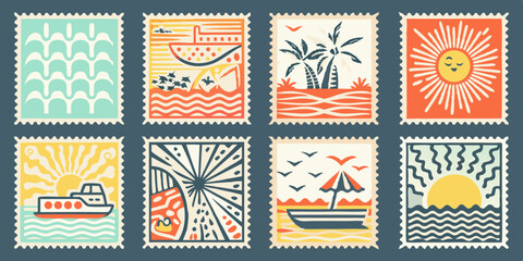 Collection of Eight Stylized Vintage Postage Stamps Featuring Tropical Beach Scenes Boats Palm Trees and Sunsets in a Retro Color Palette set