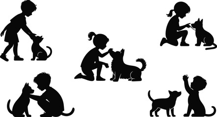 Children playing with pets, silhouette illustration of kids and animals, dog and cat interaction, child pet care, happy friendship moment flat vector illustration