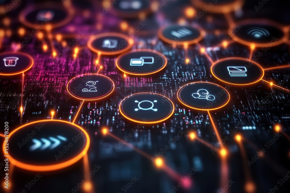 Aufkleber glowing orange connected digital icons floating over a dark circuit board surface representing data 