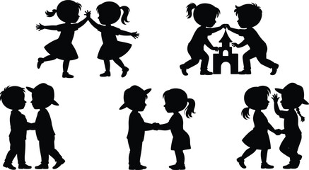 Obraz premium Cute silhouette of children playing, building, and holding hands, joyful childhood moments, friendship, teamwork, vector illustration for kids’ activity scenes flat vector illustration
