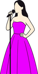 Female singer wearing a bright pink strapless dress while singing into a microphone. This faceless flat design emphasizes elegance and performance, ideal for use in music, concert, and entertainment