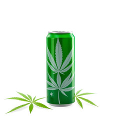 Green tallboy drink can with white marijuana leaves isolated on white background