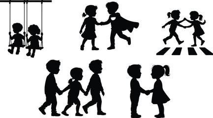Silhouettes of kids playing, swinging, walking, holding hands, dancing joyfully, friendship moment, happy children, outdoor fun vector scene flat vector illustration
