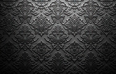Close-up of intricate dark embossed textured wallpaper with repeating elegant floral damask pattern creating a sophisticated and dramatic atmosphere
