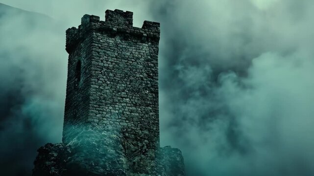 Fog envelops ancient tower creating a mysterious atmosphere during twilight hours, fog tower with smoke video background ing quality