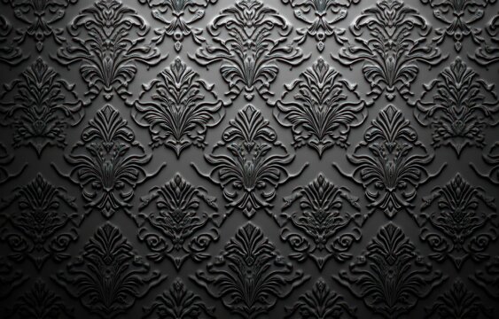 Close-up of intricate dark embossed textured wallpaper with repeating elegant floral damask pattern creating a sophisticated and dramatic atmosphere