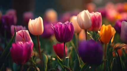 Colorful tulips in a spring garden.