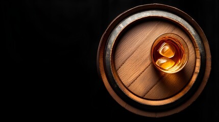 Glasses and bottles of whiskey with ice cubes served on wood with barrel 
