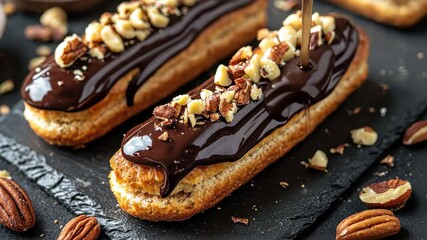 Delightful chocolate eclairs topped with nuts on a dark surface, perfect for gourmet dessert lovers, Chocolate eclairs with nuts on dark surface, gourmet pastry - Powered by Adobe