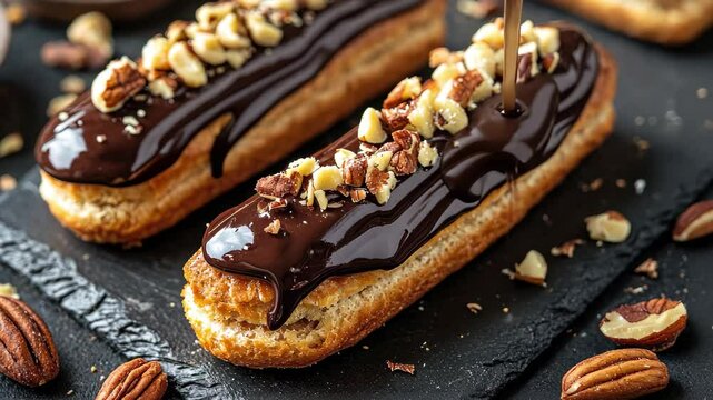 Delightful chocolate eclairs topped with nuts on a dark surface, perfect for gourmet dessert lovers, Chocolate eclairs with nuts on dark surface, gourmet pastry