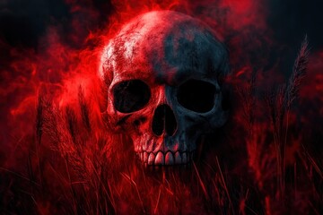dark human skull emerging from tall grass with intense red mist surrounding it creating an eerie and ominous atmosphere