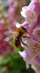 A bee hovers near a cluster of pink flowers.