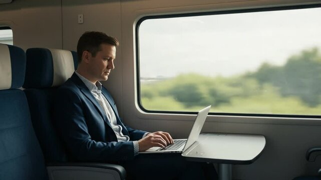 Businessman Working on Laptop While Traveling by Train