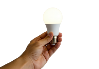 Male hand holding a LED light bulb isolation on transparent background