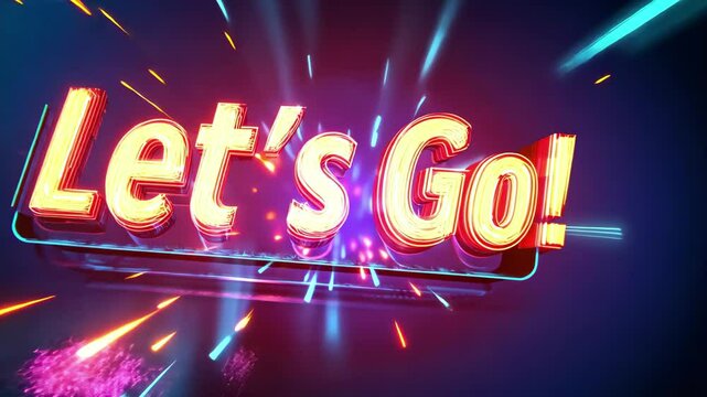 Electric text animation of Let's Go with vibrant colors and dynamic effects at nighttime, Animated text "Let's Go" with electric effect approaching in vertical format