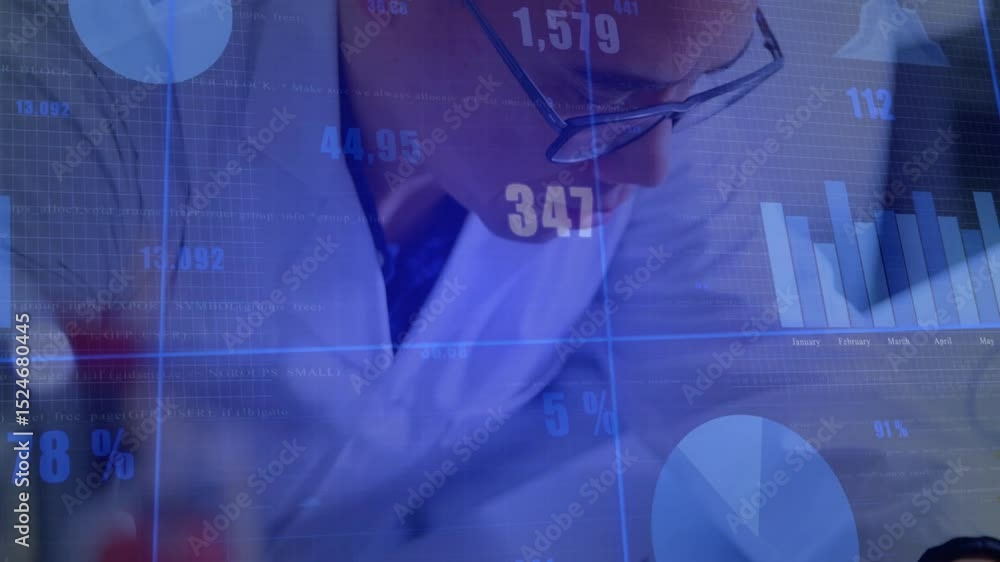 Poster engineer adjusting probe testing circuit, showing blue data updating percentages, reordering charts