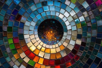 Fototapeta premium Colorful concentric circular mosaic made of small square tiles transitioning from dark center to bright outer rings evoking a sense of depth and vibrancy