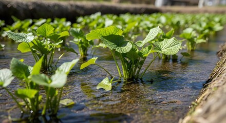 Close up view of green plants growing in water filled field on a sunny day outdoors