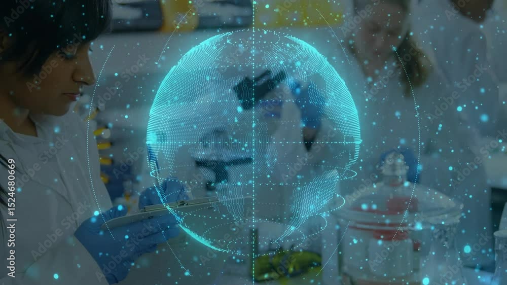 Aufkleber rotating globe fading revealing lab as scientist drawing into pipette with aide noting test data