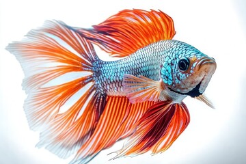Fototapeta premium close-up of a colorful fish with shimmering blue scales and flowing bright orange fins against a white background