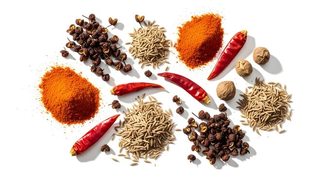Arrangement of spices including chili peppers cumin and sichuan peppercorns on white