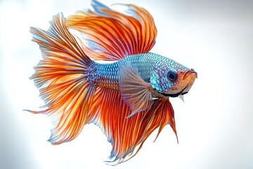 Fototapeta premium Close-up of a colorful blue and orange Siamese fighting fish with flowing fins against a light background