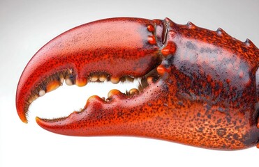 Close-up of a large red lobster claw with detailed textures and sharp edges isolated on a white background, showing natural patterns and tiny hairs.