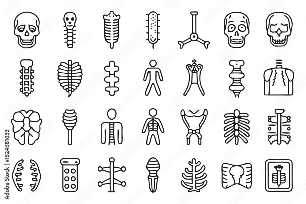 Poster collection of line icons depicting human bones spine knee and other skeletal structures isolated on 