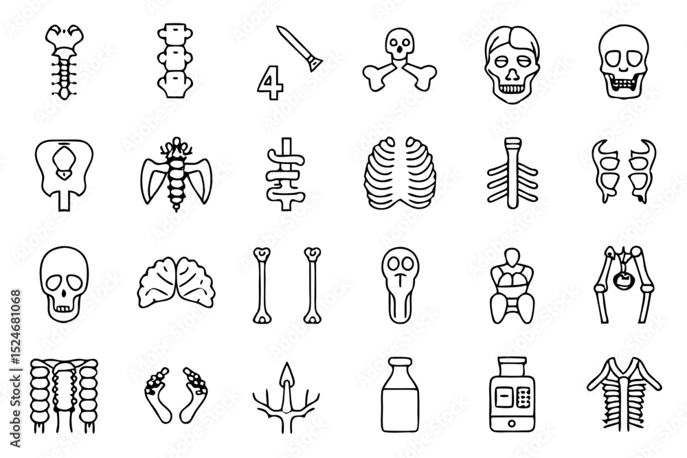 Poster collection of line icons depicting human bones spine knee and other skeletal structures isolated on 