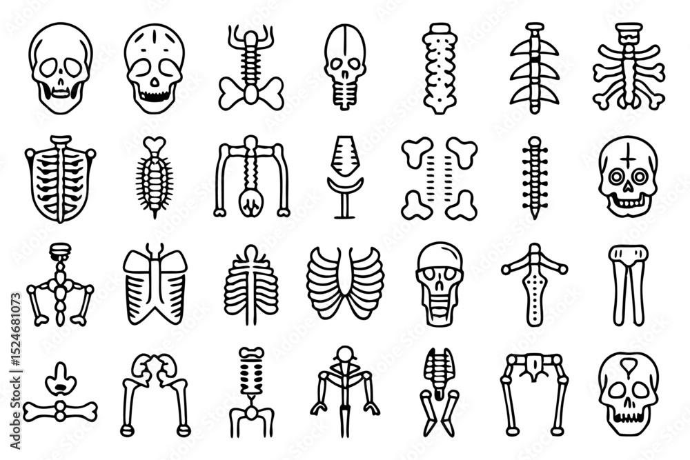 Poster collection of line icons depicting human bones spine knee and other skeletal structures isolated on 