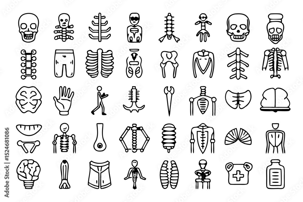 Poster collection of line icons depicting human bones spine knee and other skeletal structures isolated on 
