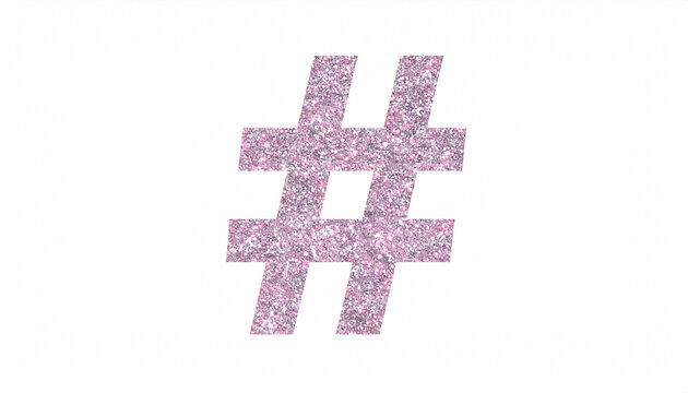 A light pink, glitter-textured hashtag symbol on a white background.  The glitter has a subtle variation in shade